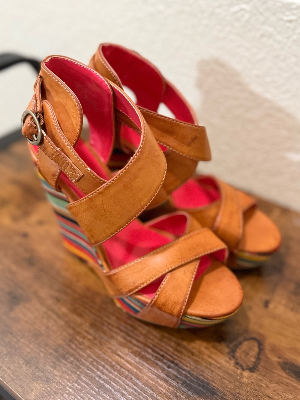 Unlisted by Kenneth Cole Tan Suede Multi-Stripe Wedge Sandals